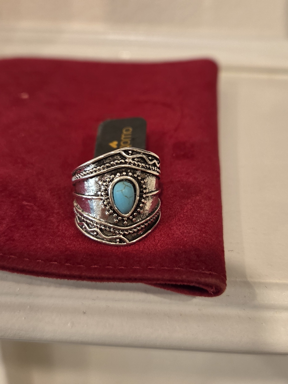 Brand New Boho Vintage Style Antiqued Silver Ring With Turquoise Tear Drop Stone